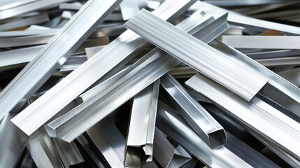 Scrap pile of aluminum extrusion profiles and bars, extruded beams vary in shapes and sizes. Concepts related to manufacturing, recycling, construction materials, or metal industry visuals