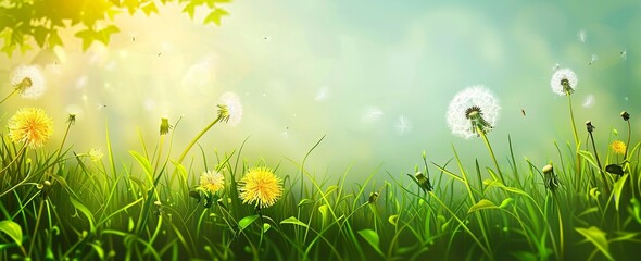 Obraz premium Beautiful spring background with dandelions and green grass on a sunny day, a banner for