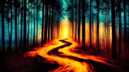 Fototapeta premium Enchanted Forest: A Path of Molten Gold