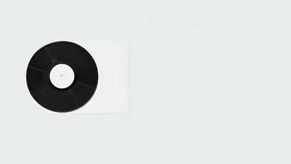 Minimalist composition featuring black vinyl record and plain white sleeve on solid light gray background