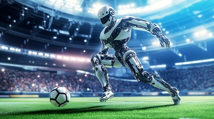 A futuristic robot athlete skillfully dribbling a soccer ball on a vibrant green field in a packed stadium under bright lights