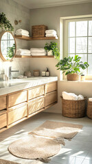 Elegant bathroom interior with floating wooden vanity and sleek white marble countertop, creating harmonious blend of modern comfort and eco-inspired design. Space is styled with soft, natural light