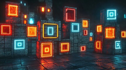 Neon Cubes, Sci-fi Cityscape, Glowing Blocks, Digital Art, Background