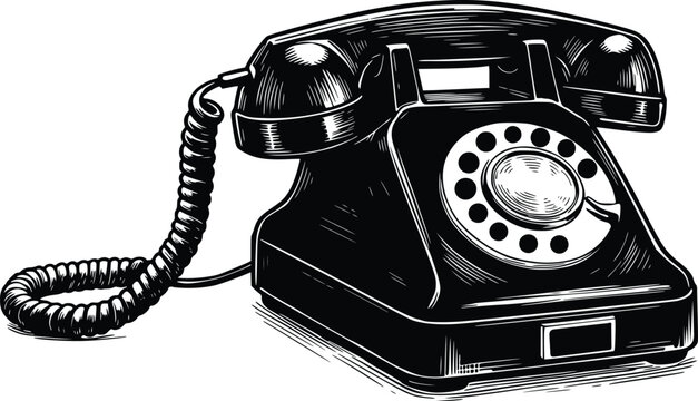 Silhouette of a black rotary dial telephone with coiled cord, symbolizing classic communication technology