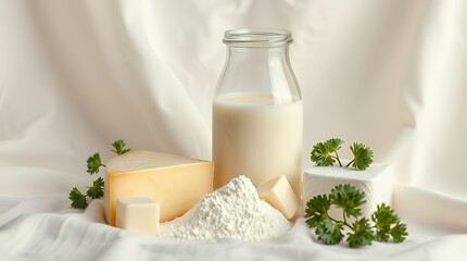 Fresh dairy still life with milk Swiss cheese butter garnish soft natural fabric background composition