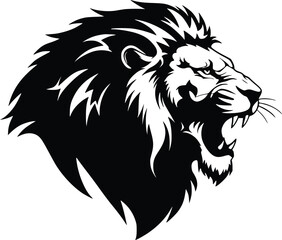 Fototapeta premium Silhouette of a roaring lion's head with a jagged, dynamic mane, symbolizing strength and majesty