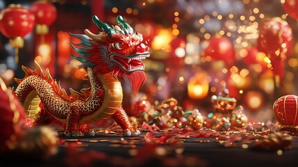 Fototapeta premium Traditional Chinese New Year dragon and festive lantern decorations high resolution picture