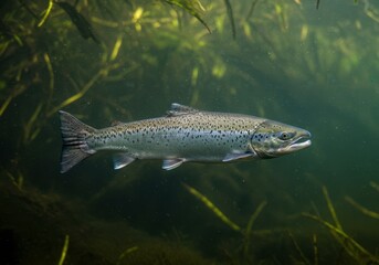 Salmon swimming in fresh water stream. Freshwater fish underwater close-up on background of green water plants for nature conservation and environmental protection.