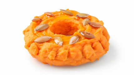 Zesty ginger and carrot hummus drizzled with olive oil and sprinkled with toasted pumpkin seeds