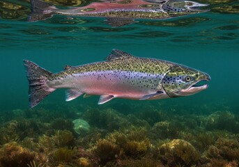 Fototapeta premium Salmon swimming in clear ocean water with reflection, natural habitat and underwater environment for magazine, advertising and commercial use.