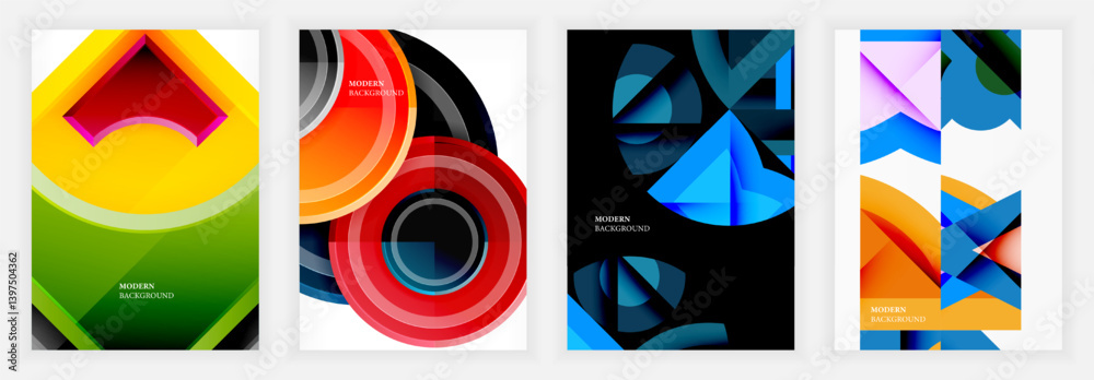 Poster Four vibrant abstract designs. Geometric shapes overlap, creating dynamic compositions. Bright colorsyellows, oranges, blues, redsdominate each image. Modern aesthetic, clean lines.