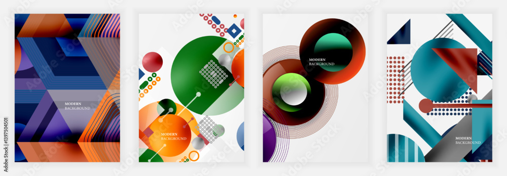 Poster abstract geometric designs dominate these vibrant posters. overlapping shapes, circles, triangles cr