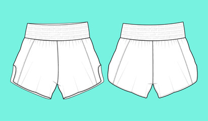 Muay Thai shorts flat sketch outline CAD mockup.	