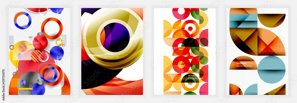 Poster abstract geometric designs dominate. vibrant colors, circles, curves create dynamic compositions. mo