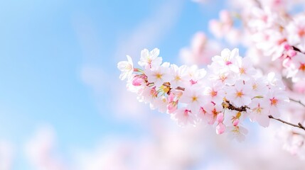 Fototapeta premium Delicate cherry blossoms against a vibrant blue sky. Clusters of soft pink and white flowers adorn branches, creating a beautiful spring scene
