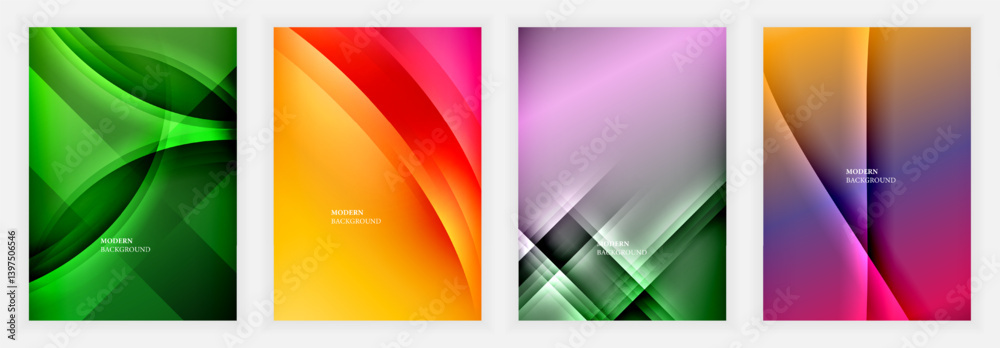 Poster four vibrant abstract backgrounds. dynamic curves, geometric shapes create modern designs. colors in