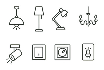 Elegant linear icon set of lighting fixtures and controls for interior design