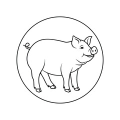 Pig Illustration In Circle Outline Simple Farm Animal Graphic Line Art Design