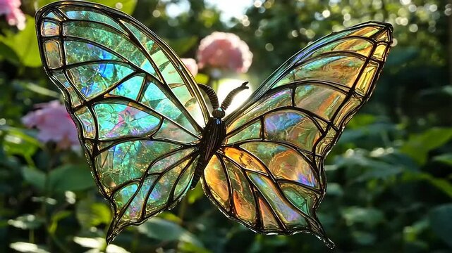 Colorful stained glass butterfly art piece surrounded by vibrant flowers in a sunny garden setting