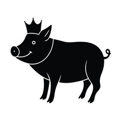Black Silhouette Of A Smiling Pig Wearing A Crown Isolated On White