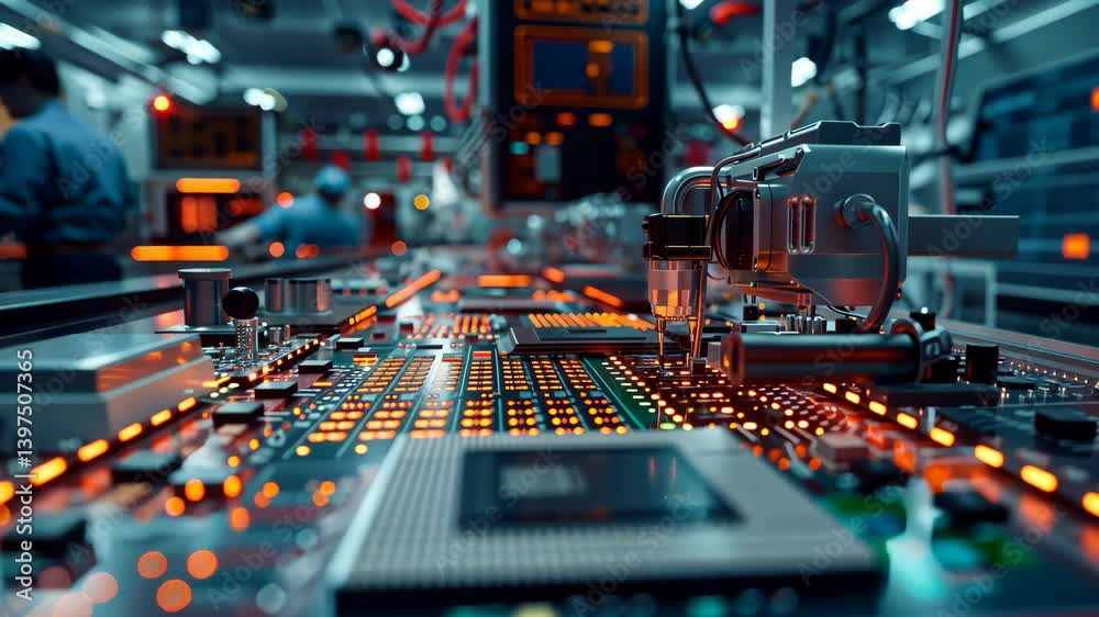 Poster an intricate assembly line for electronics, showcasing robotic arms and advanced machinery in action