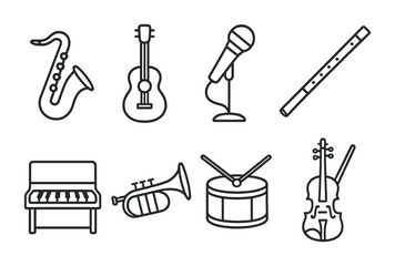 Obraz premium Linear musical instrument icons set: saxophone, guitar, microphone, flute, piano, trumpet, drum, violin
