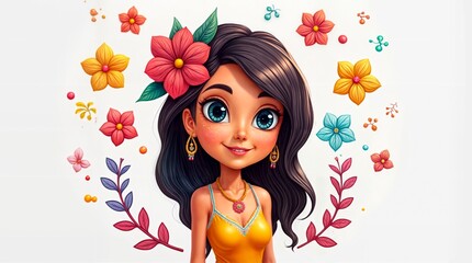 Smiling cartoon girl with large eyes surrounded by colorful flowers in festive floral frame