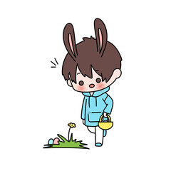 A cartoon rabbit is walking through a field with a basket in his hand