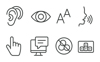Accessibility icon set: visual, auditory, communication, and interaction aids in linear style
