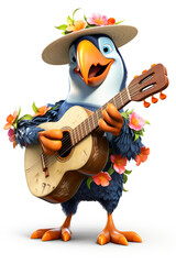 Colorful 3D cartoon toucan in tropical floral outfit playing guitar and singing. Concept of tourism branding, music festivals, and vibrant event mascots