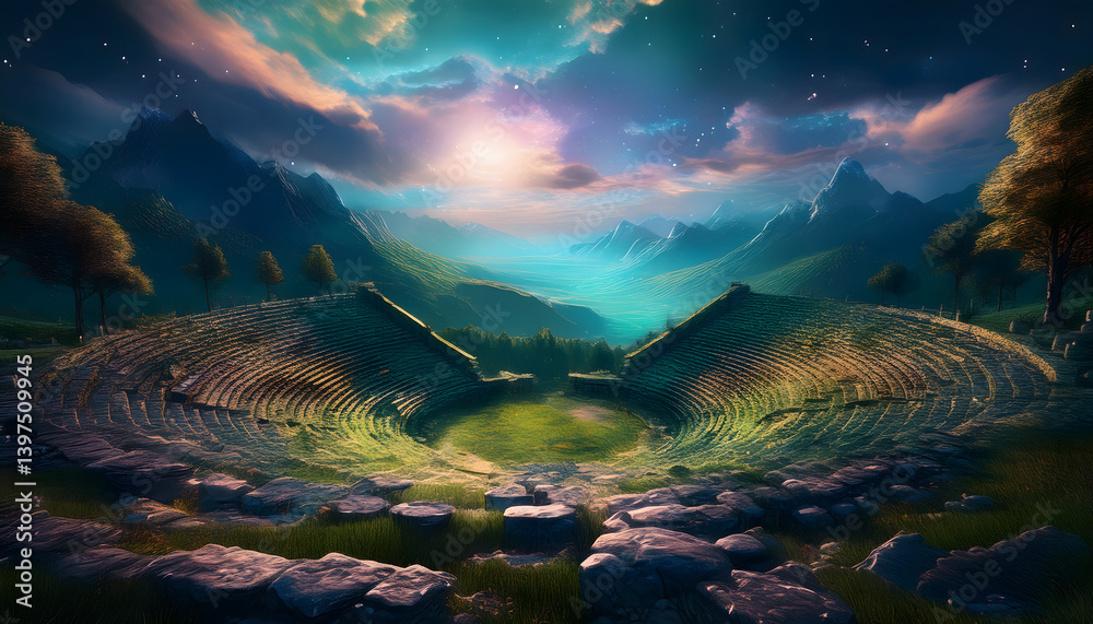 Poster ancient amphitheater surrounded by scenic mountains and a serene lake under a colorful sky at sunset