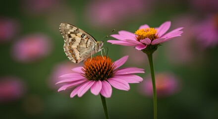 Obraz premium Butterfly on Pink Coneflower - A delicate butterfly rests on a vibrant pink coneflower, surrounded by a bokeh of other blossoms