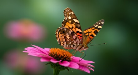 Obraz premium Butterfly on Pink Flower - A vibrant painted lady butterfly delicately perched on a bright pink coneflower, showcasing intricate wing details against a soft green background