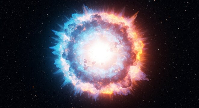 Celestial Collision: A Cosmic Dance of Fire and Ice - A vibrant nebula explodes in a cosmic ballet, showcasing a powerful collision of energy, light