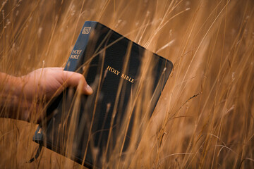 Man holding a bible against the background of a field and sky