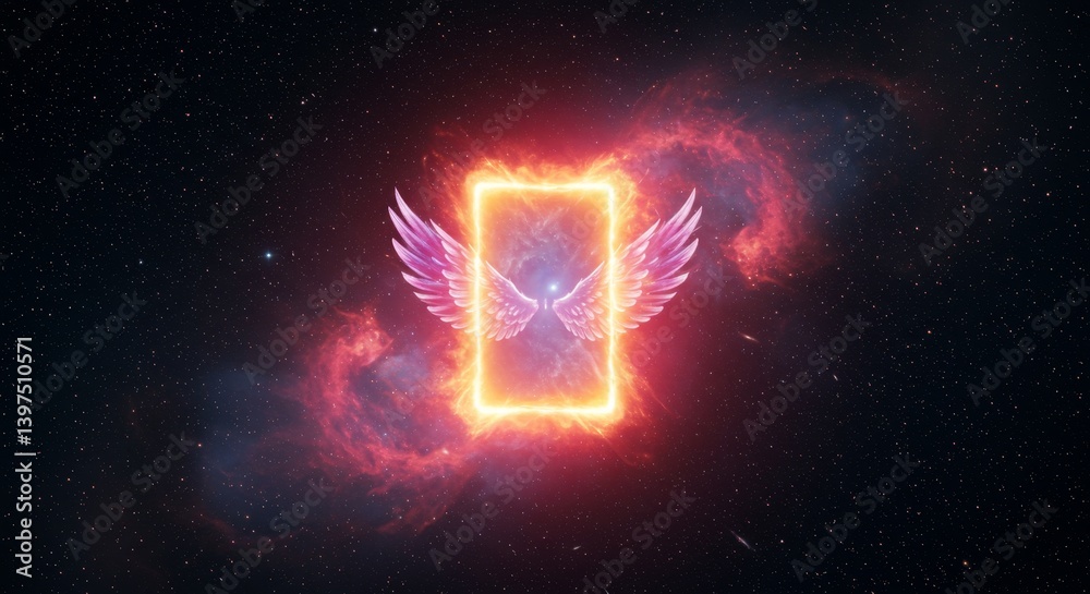 Wall mural celestial wings in fiery frame - glowing wings encased within a fiery square frame against a cosmic 