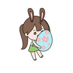 A girl is holding an Easter egg with a rabbit on her head