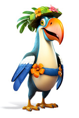 3D cartoon toucan wearing tropical hat and flowers, standing and smiling. Concept of island tourism, summer vacation mascot, and exotic branding character