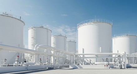 Obraz premium Clean Energy Power Plant: White Tanks and Pipes - Clean hydrogen energy, industrial facility, large white tanks, extensive pipe network, bright sunlight. Symbolizing: progress, sustainability