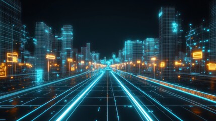 Fototapeta premium Futuristic city road, glowing lines, digital cityscape, night