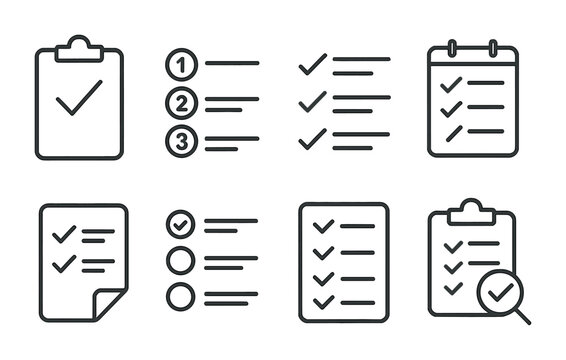 Checklist icon set: linear style for to-do lists and tasks management