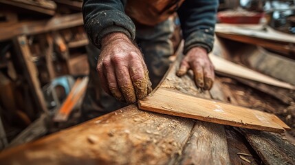 A craftsman works on wood with his hands in a workshop