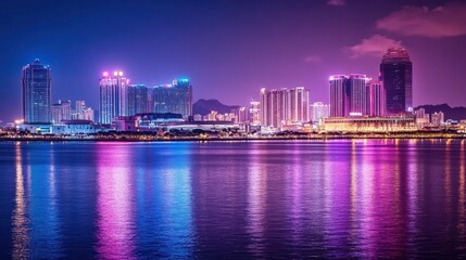 Obraz premium Vibrant city skyline reflected on water at night