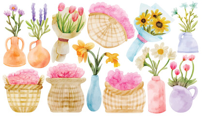 Watercolor Flower Clip Art Set Hand Painted Vase Tulip Rose Lavender Daisy Sunflower Basket Floral Bouquet Illustration