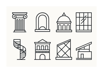 Set of linear architecture icons: columns, arches, domes, and modern buildings