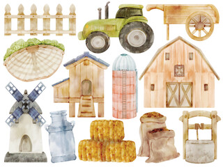 Watercolor Farm Clip Art Set Hand Painted Barn Tractor Hay Chicken Coop Fence Silo Windmill Bucket Sack Wheelbarrow Illustration © Je