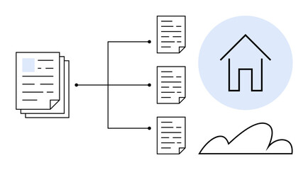 Stack of documents connected to dispersed files and centralized home icon within a cloud. Ideal for data organization, network sharing, cloud storage, digital transformation, remote access, file