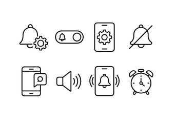 Notification and alert linear icon set: bell, alarm, speaker, smartphone, settings