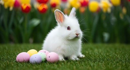 Obraz premium White Rabbit with Easter Eggs in a Spring Garden