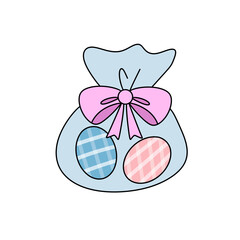 A blue bag with a pink bow and three eggs inside